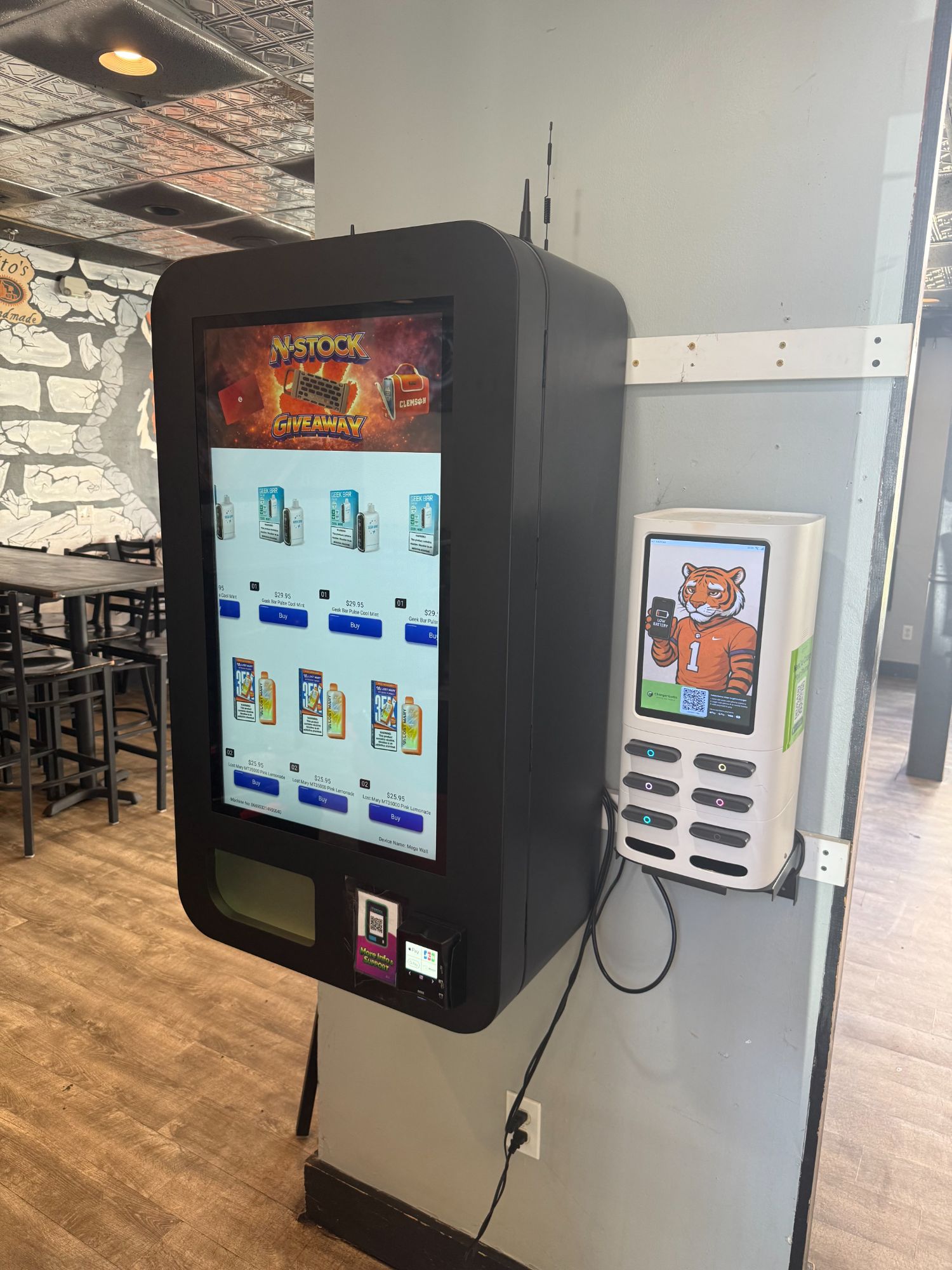 N-Stock wall-mounted vape machine at a bar